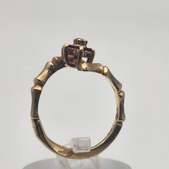Vintage 14K Gold Bamboo-Style Ruby & Diamond Flower Bypass Ring (7.75) - Picture 5 of 10